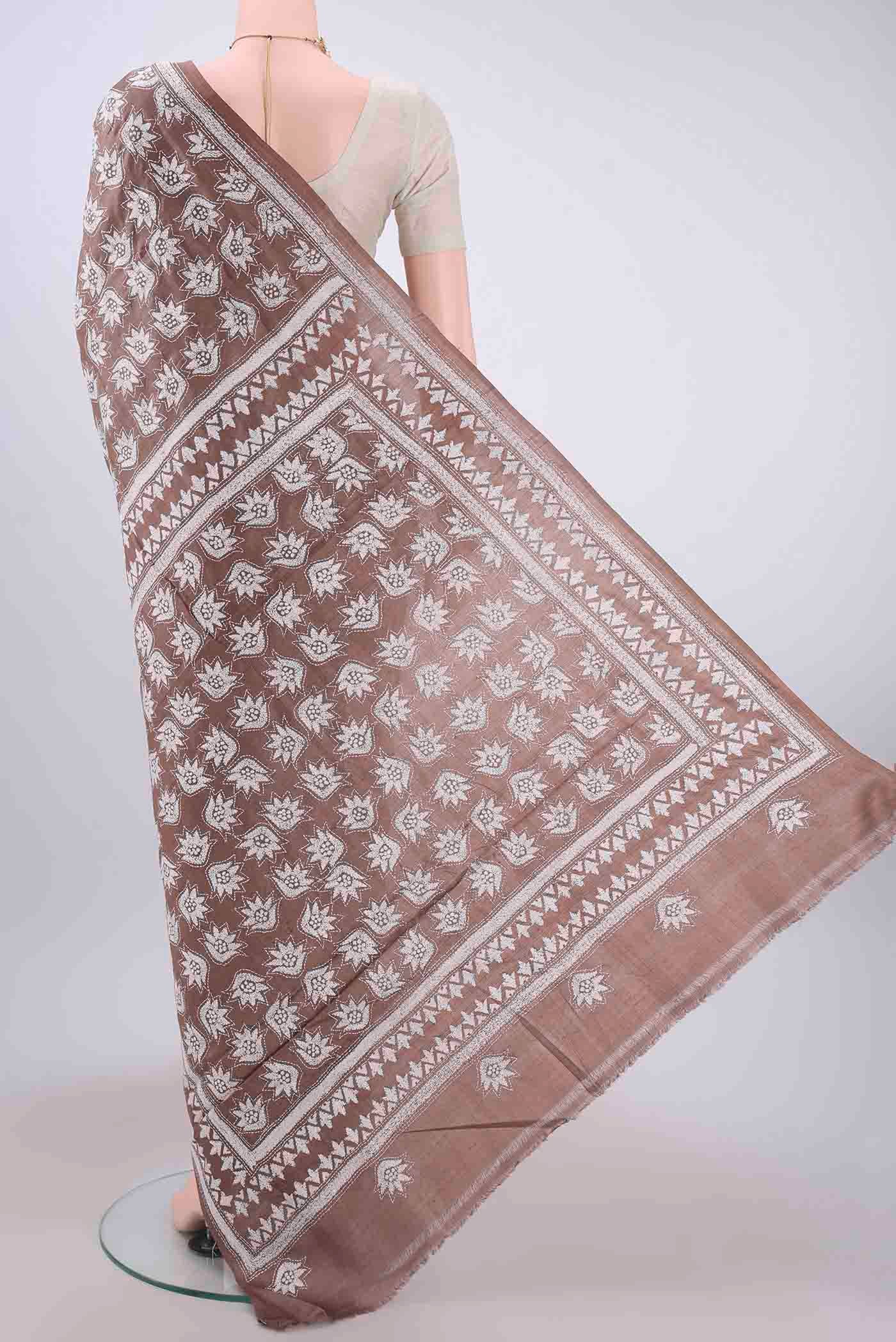 Flat view of Brown Kantha Silk Saree with Kantha Work on the body and Thread Border