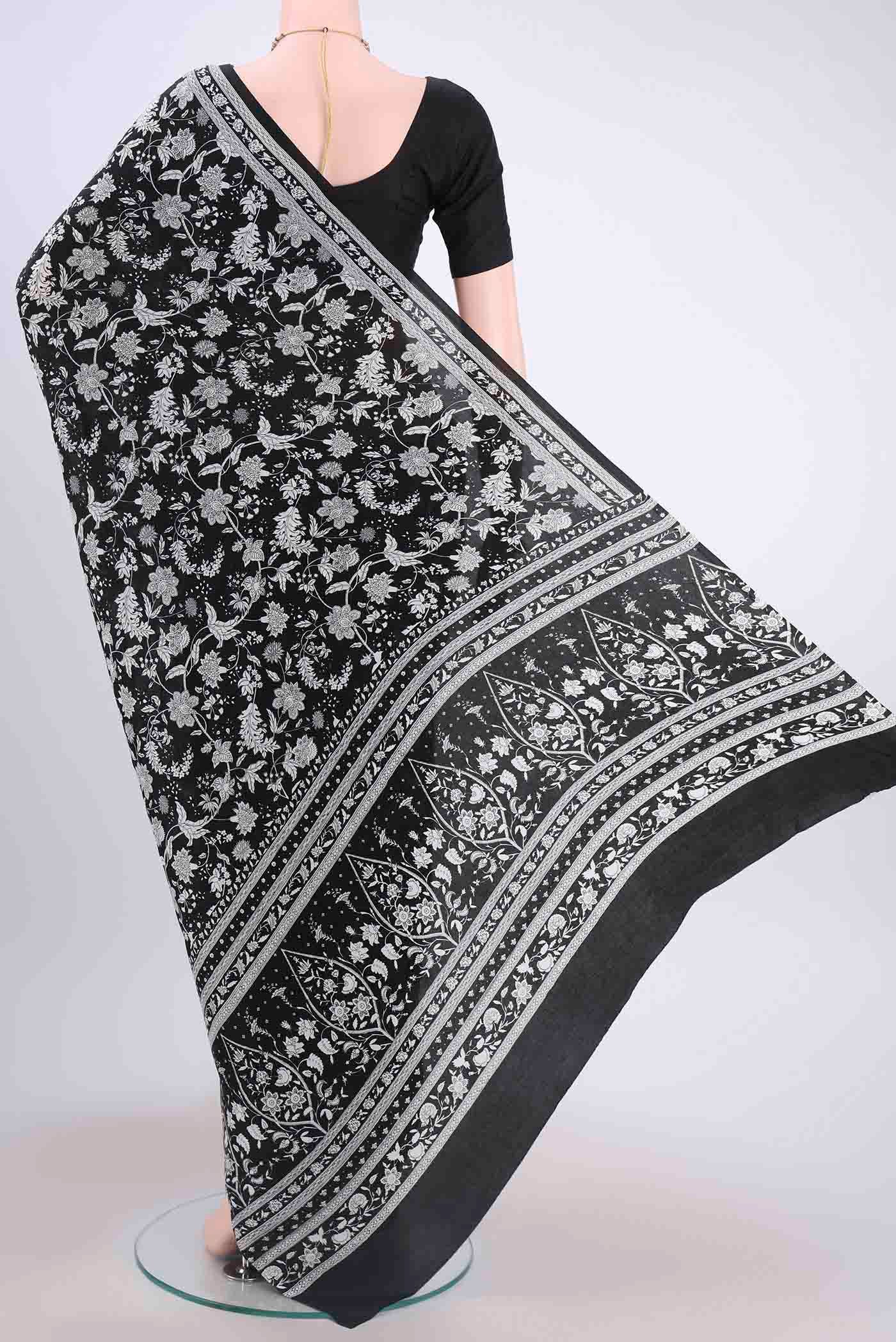 Flat view of Black Mysore Crepe Saree with Floral Print on the body and Printed Border