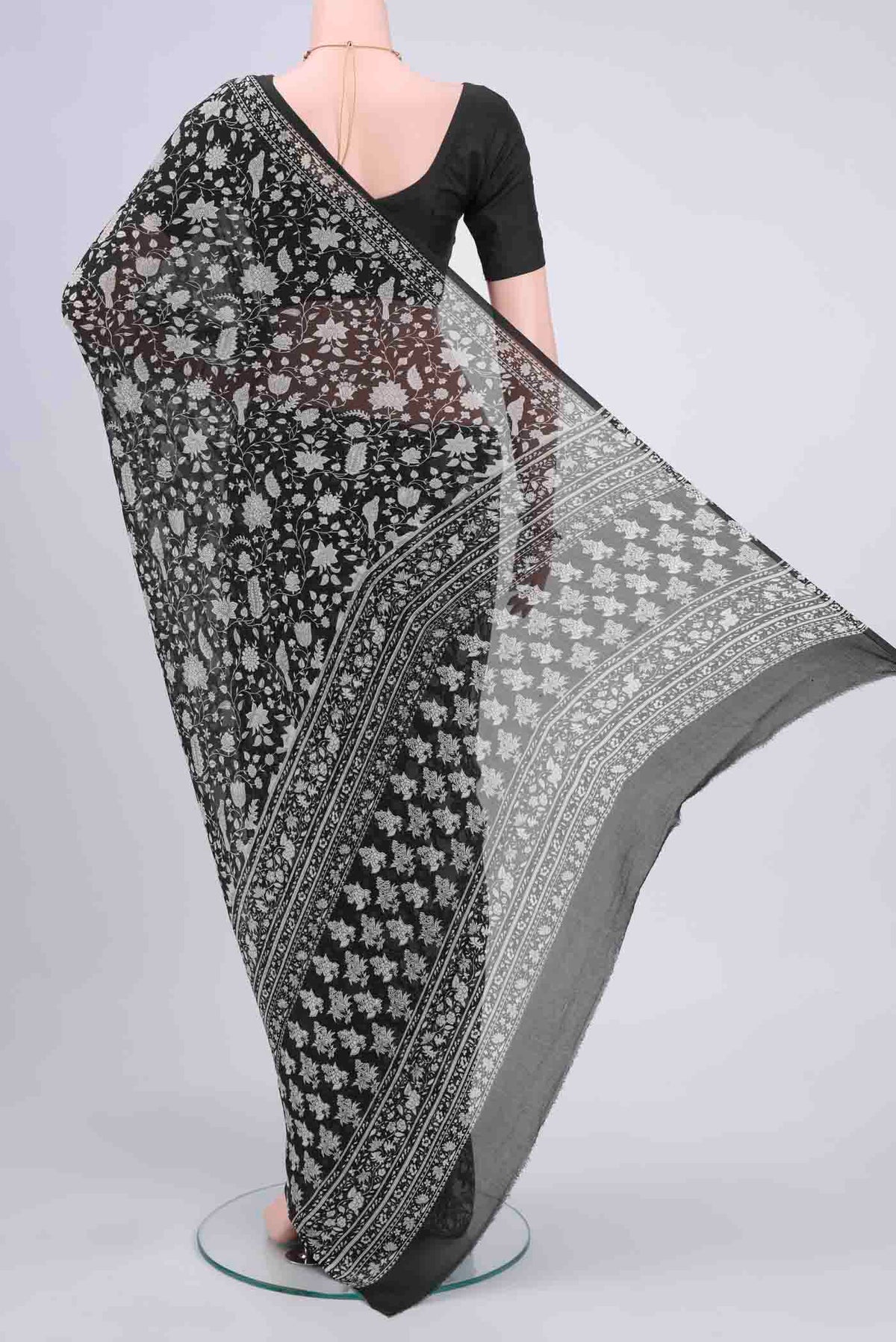 Flat view of Black Mysore Crepe Saree with Floral Print on the body and Zari Border