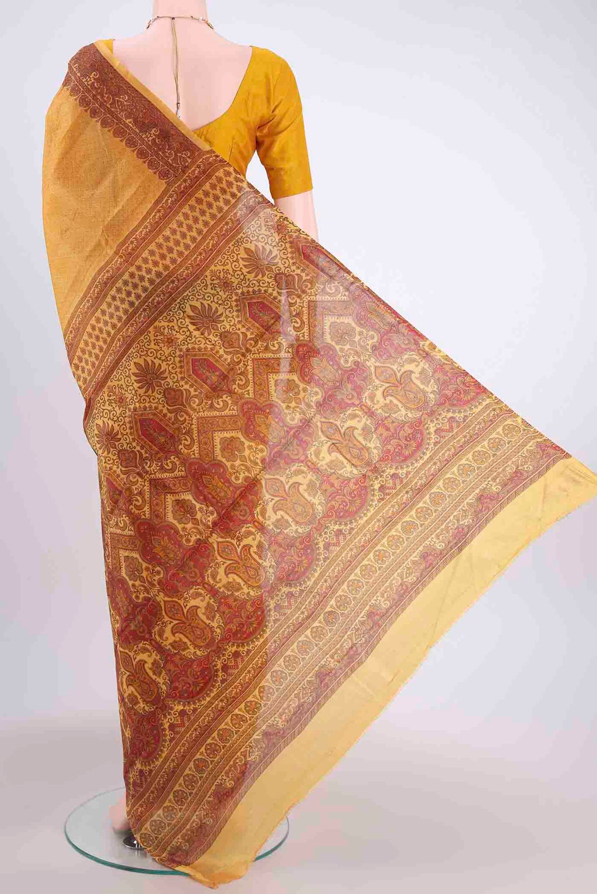 Flat view of Mustard Printed Silk Saree with Floral Print on the body and Printed Border