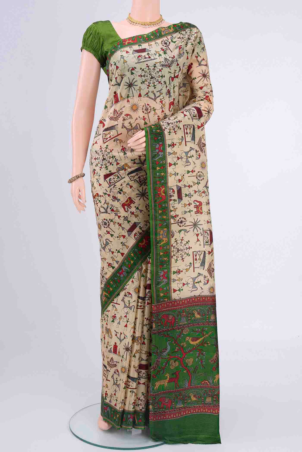 Cream Dual Tone Printed Silk Saree with Printed design on the body and Printed Border displayed on a mannequin