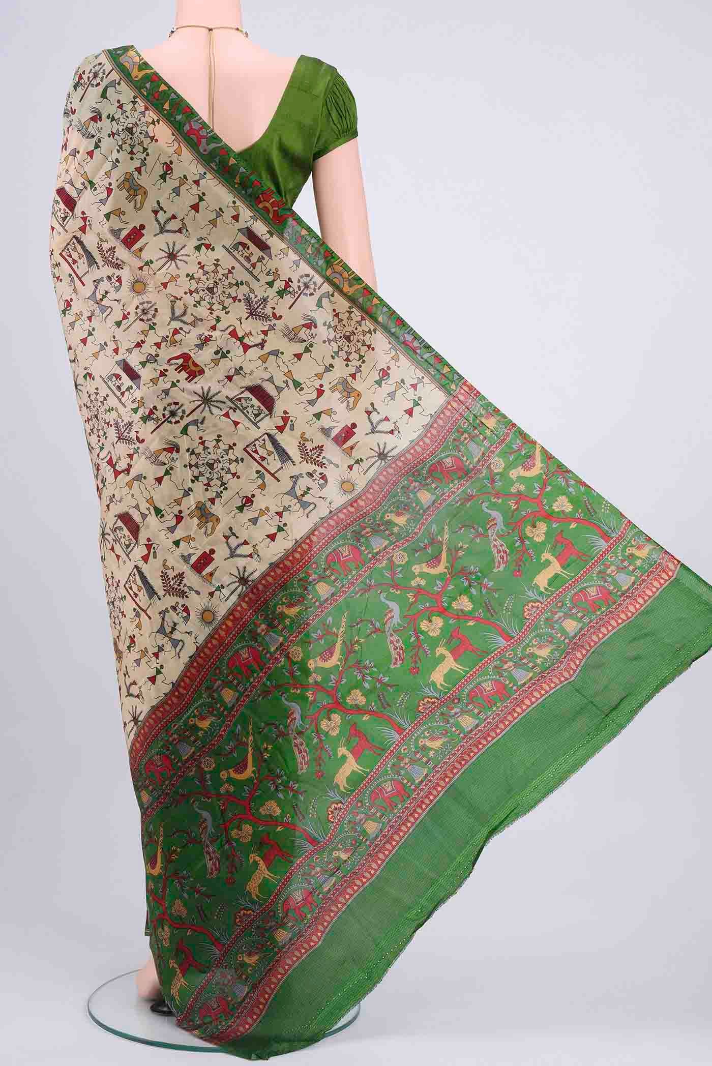 Flat view of Cream Dual Tone Printed Silk Saree with Printed design on the body and Printed Border