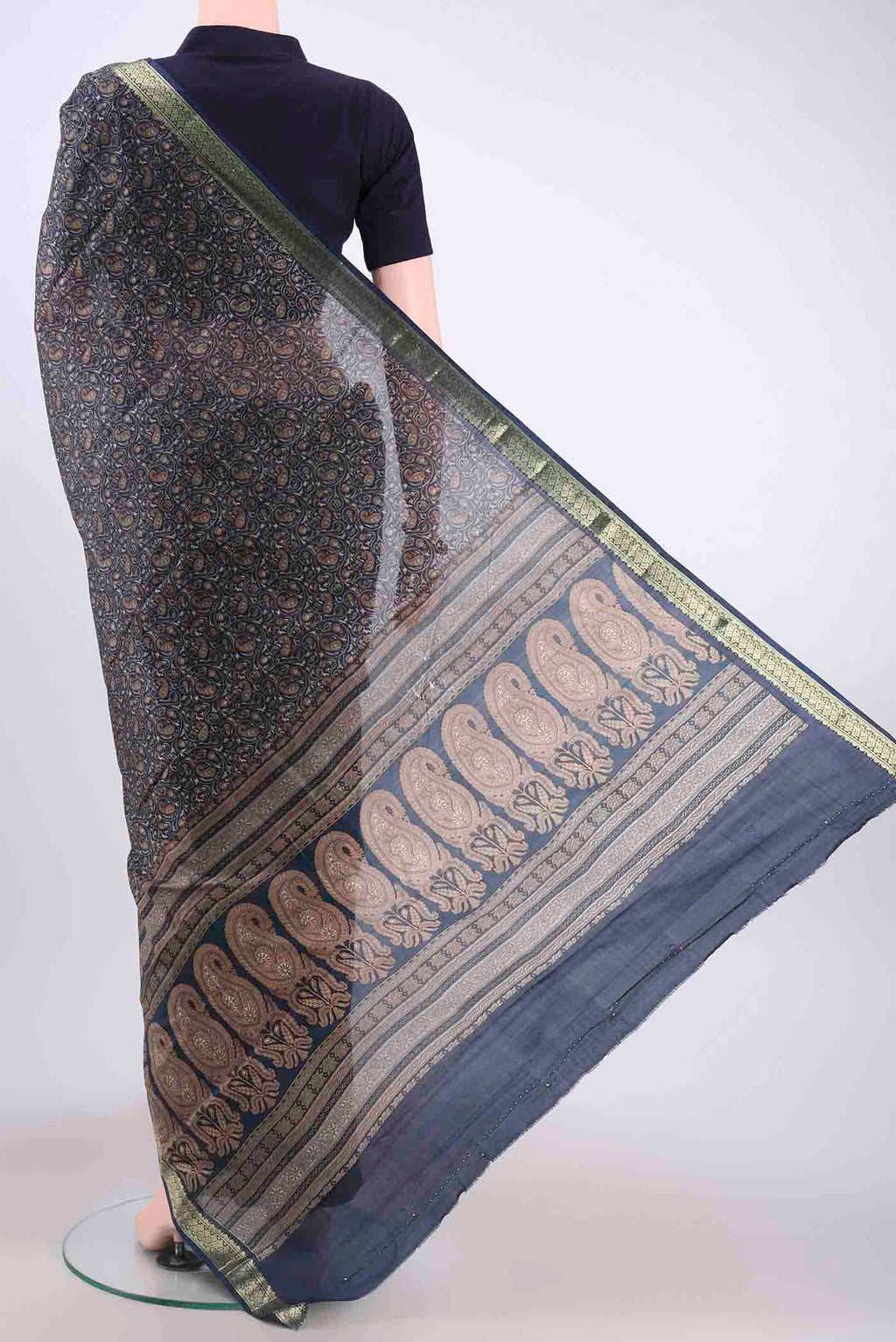 Flat view of Navy Blue Printed Silk Saree with Floral Print on the body and Zari Border