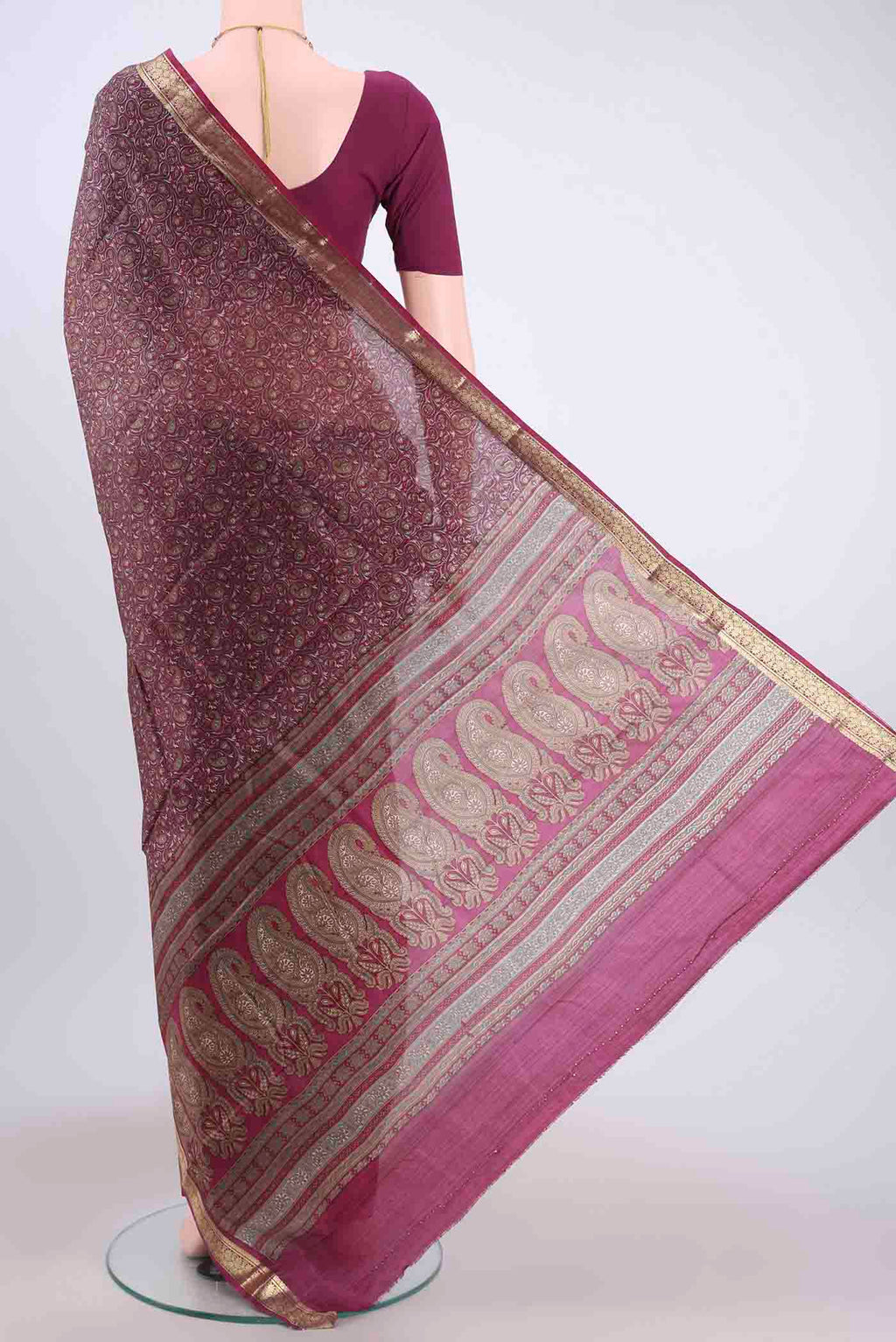 Flat view of Magenta Printed Silk Saree with Floral Print on the body and Zari Border