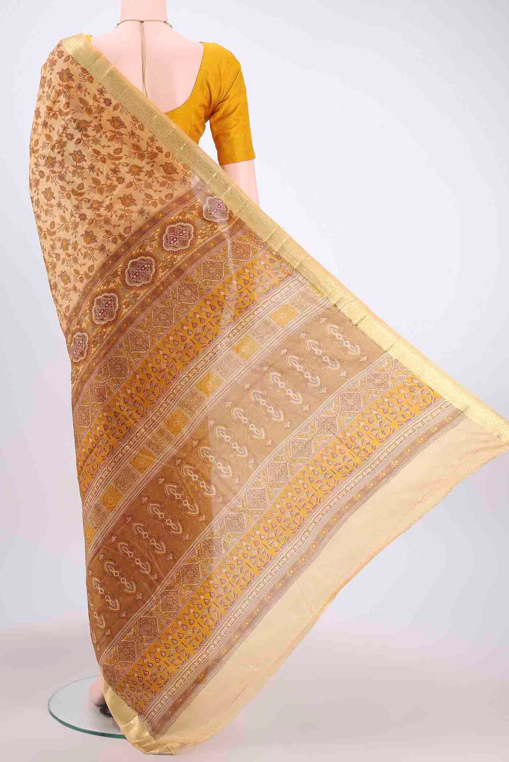 Flat view of Cream Printed Silk Saree with Floral Print on the body and Zari Border