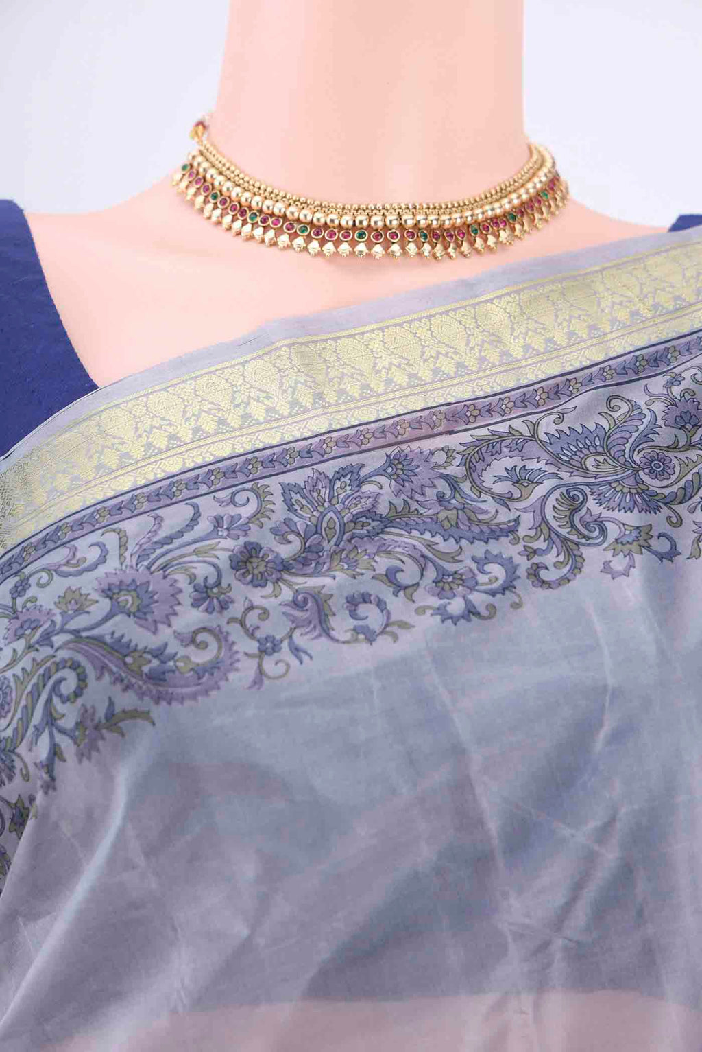 Border image of Blue Grey Printed Silk Saree with Floral Print on the body and Zari Border