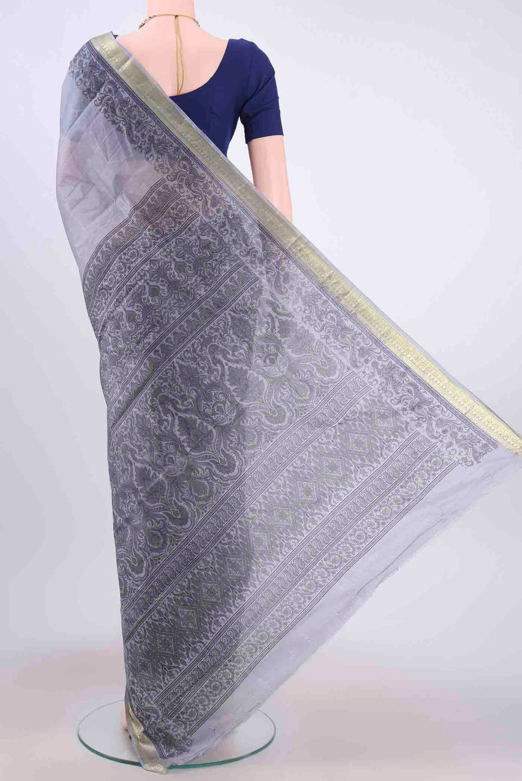 Flat view of Blue Grey Printed Silk Saree with Floral Print on the body and Zari Border