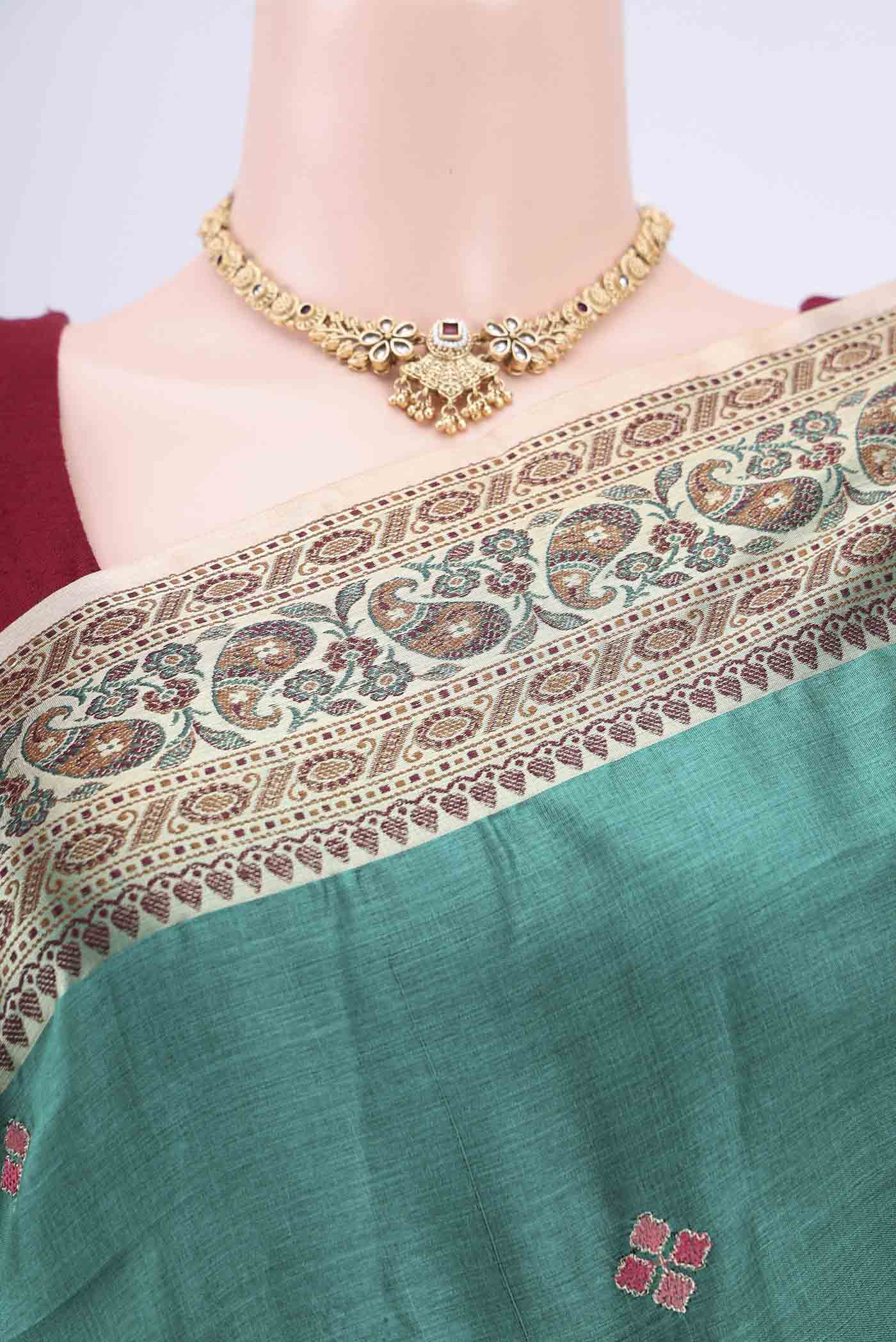 Border image of Sea Green Banarasi Tussar Silk Saree with Zari Butta on the body and Zari Border. 