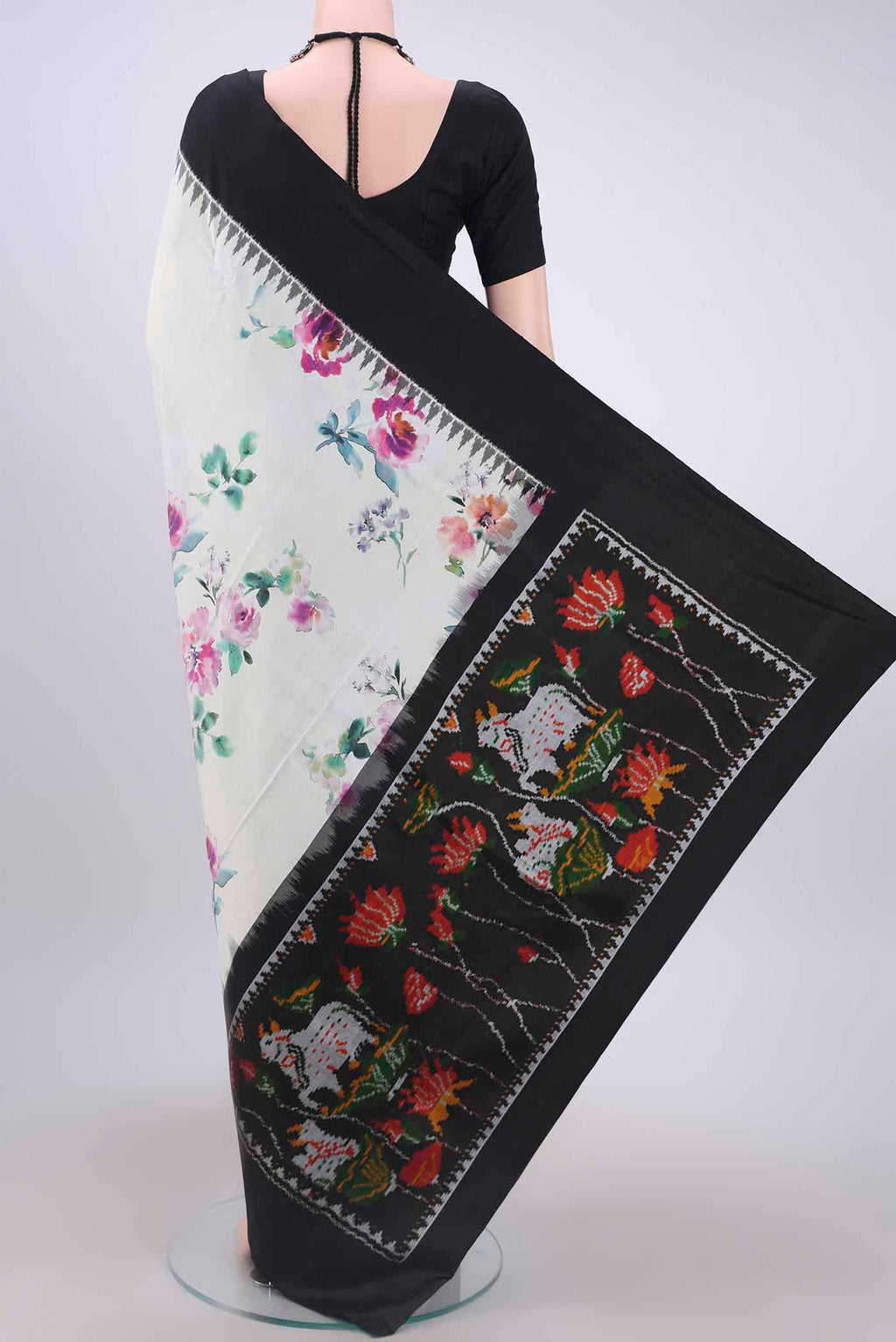 Flat view of Off White Printed Silk Saree with Floral Print on the body and Zari Border