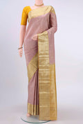 Rose Gold Kanchipuram Saree with Zari Butta on the body and Zari Border displayed on a mannequin