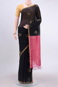 Black Kora Cotton Saree with Zari Butta on the body and Zari Border displayed on a mannequin