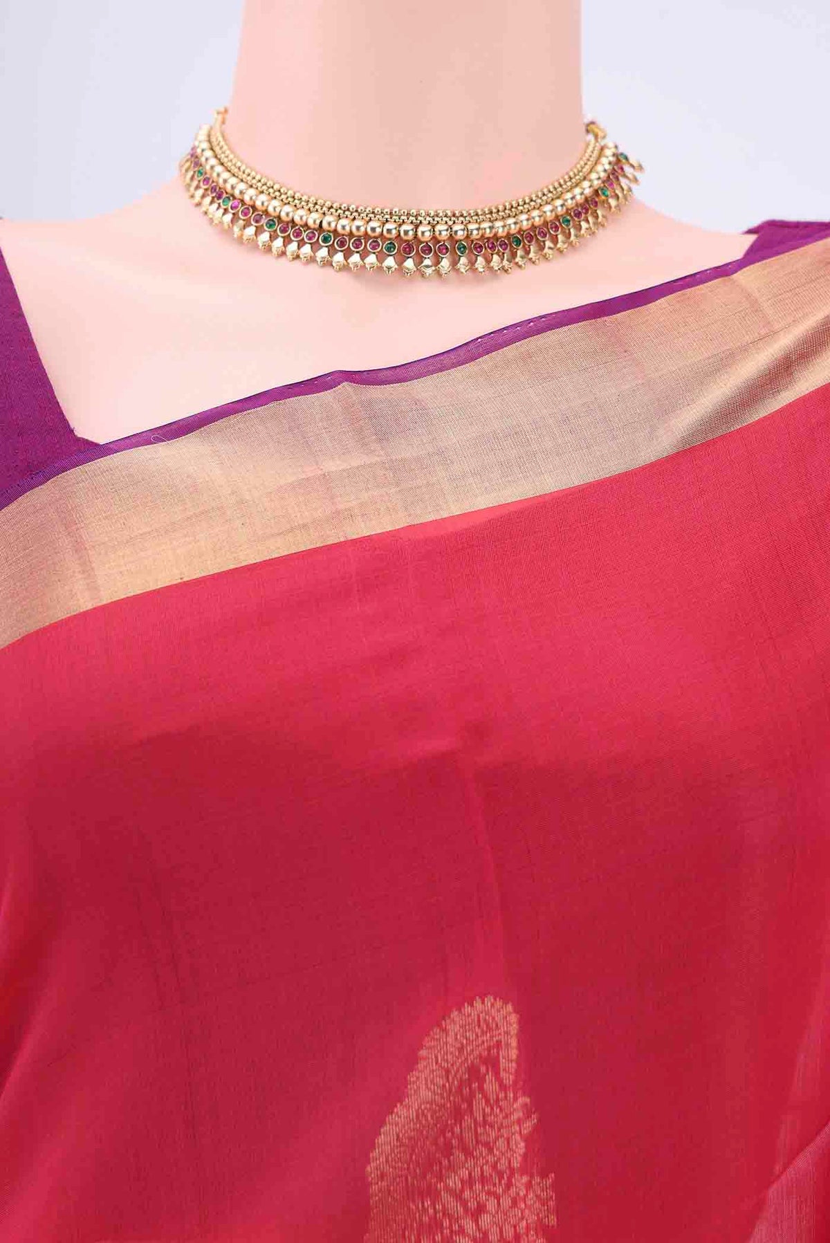 Border image of Red Kora Cotton Saree with Zari Butta on the body and Zari Border