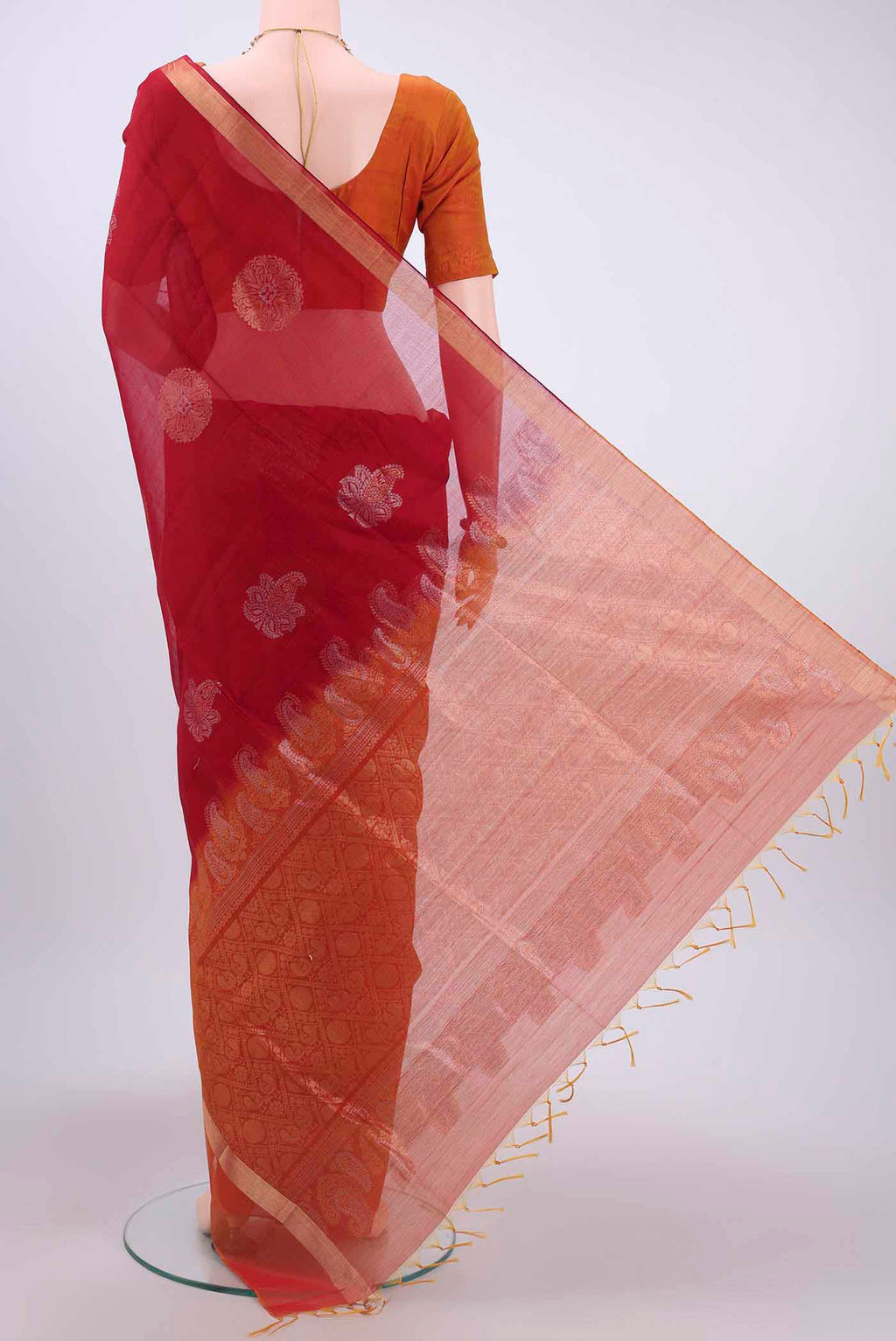 Flat view of Red Silk Cotton Saree with Zari Butta on the body and Zari Border