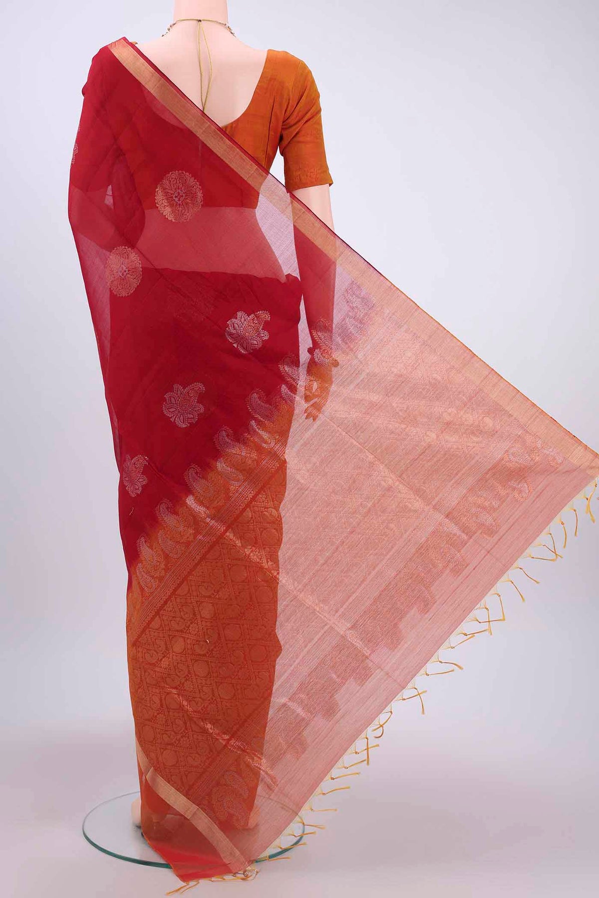 Flat view of Red Silk Cotton Saree with Zari Butta on the body and Zari Border