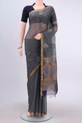 Grey Kora Cotton Saree with Zari Butta on the body and Zari Border displayed on a mannequin