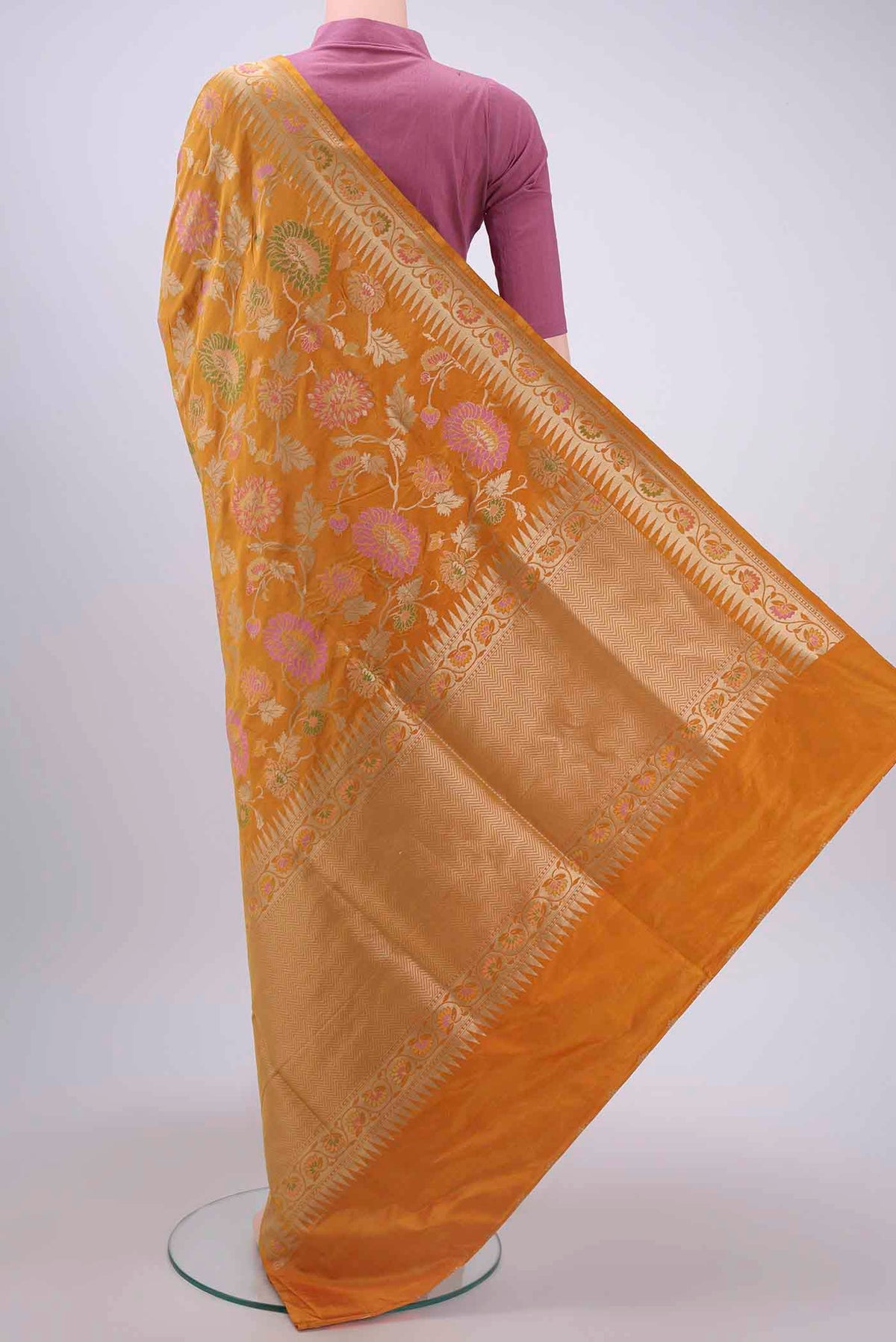 Flat view of Mustard Banarasi Silk Saree with Zari Brocade on the body and Zari Border