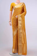 Mustard Dual Tone Soft Silk Saree with Jacquard With Zari Butta on the body and Zari Border displayed on a mannequin