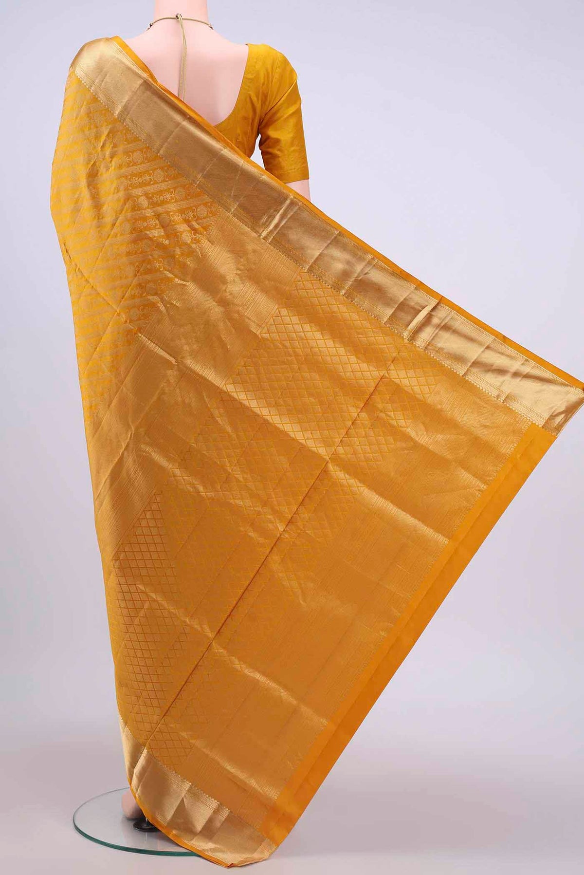 Flat view of Mustard Dual Tone Soft Silk Saree with Jacquard With Zari Butta on the body and Zari Border