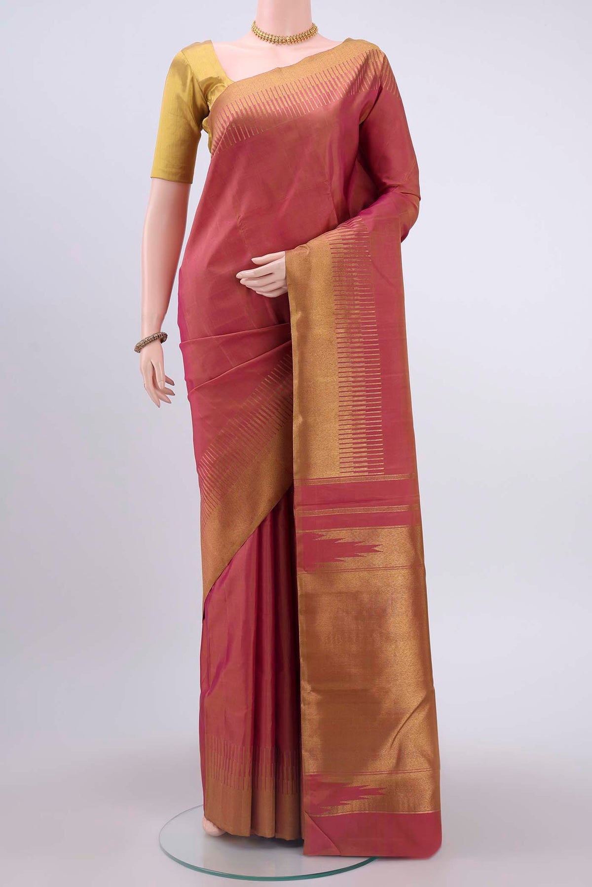 Pure Silk Pure Zari Pink Dual Tone Kanchipuram Saree with Zari Brocade on the body and Zari Border displayed on a mannequin