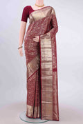 Maroon Kanchipuram Saree with Zari Brocade on the body and Zari Border displayed on a mannequin
