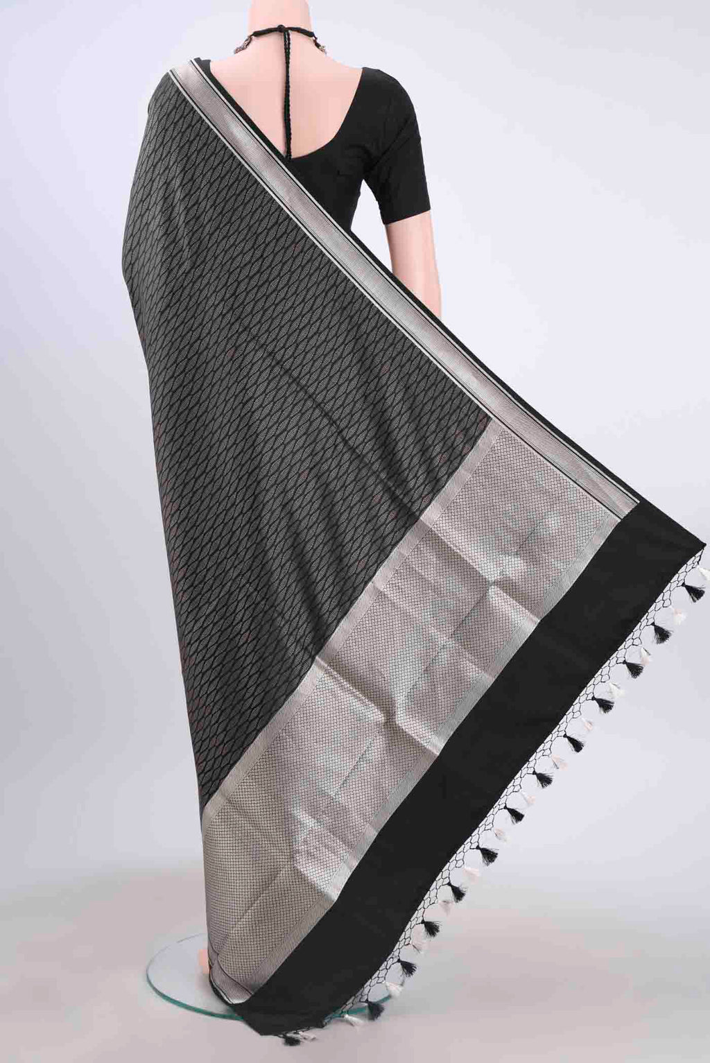 Flat view of Black Dual Tone Banarasi Silk Saree with Zari Brocade on the body and Zari Border