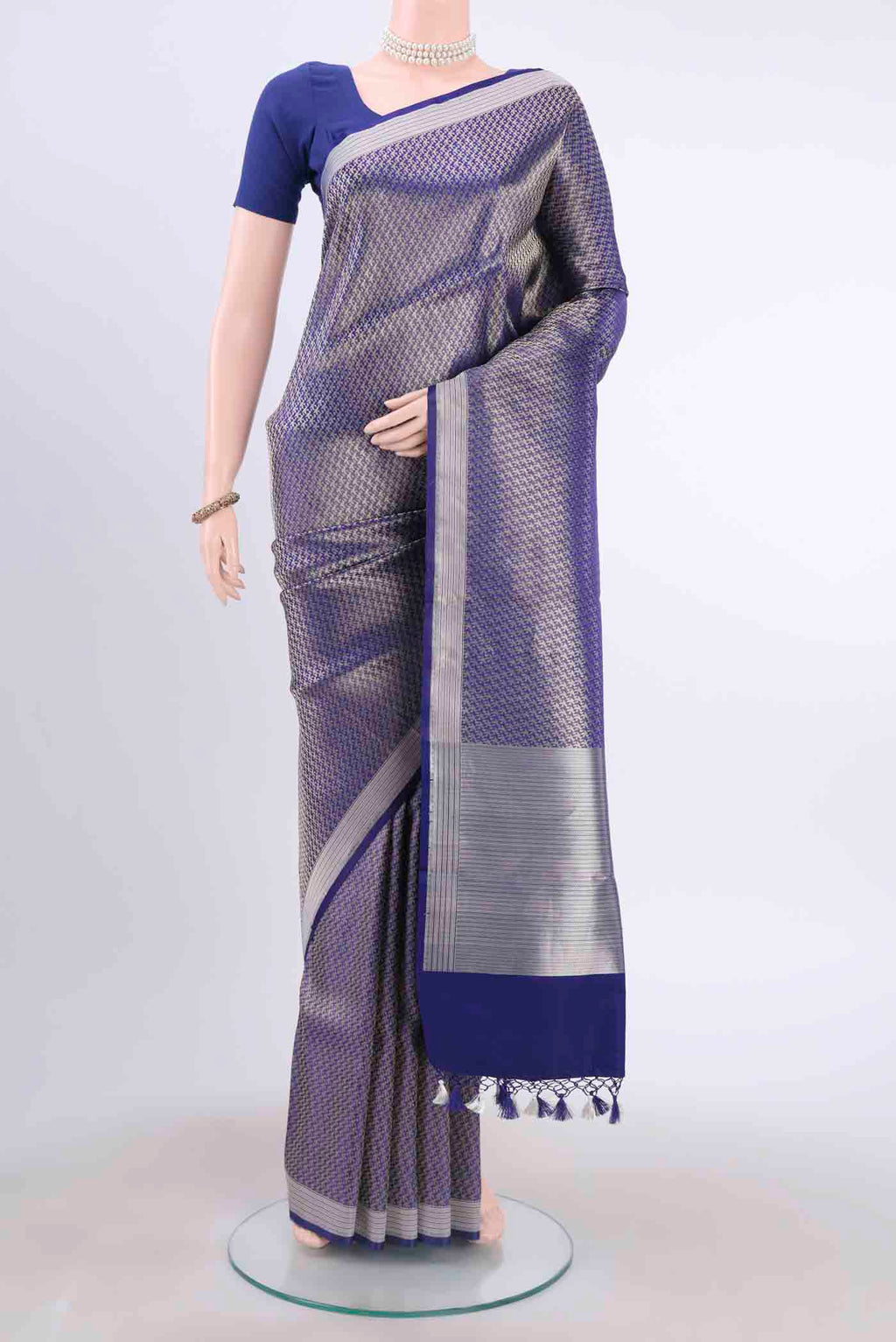 Dark Blue Dual Tone Banarasi Silk Saree with Zari Brocade on the body and Zari Border displayed on a mannequin