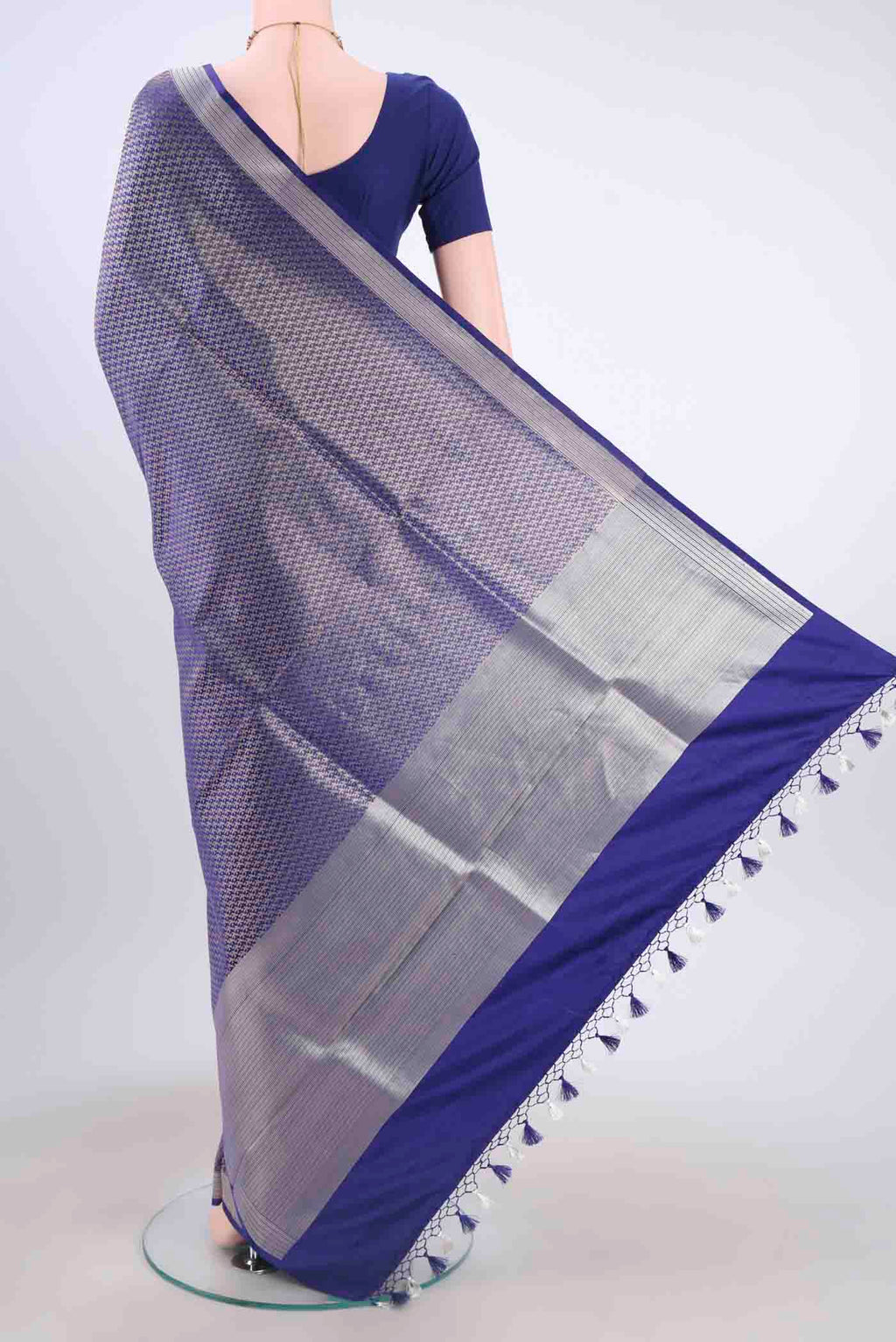 Flat view of Dark Blue Dual Tone Banarasi Silk Saree with Zari Brocade on the body and Zari Border