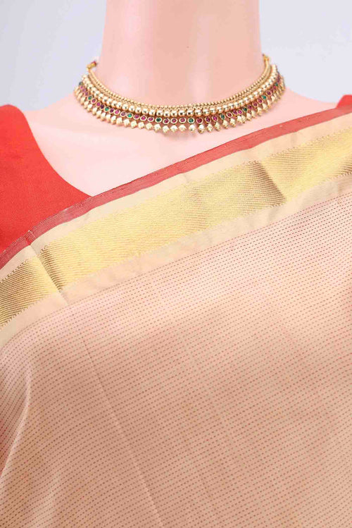 Border image of Beige Kanchipuram Saree with Stripes on the body and Zari Border