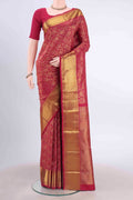 Pure Silk Pure Zari Maroon Kanchipuram Saree with Zari Brocade on the body and Zari Border displayed on a mannequin