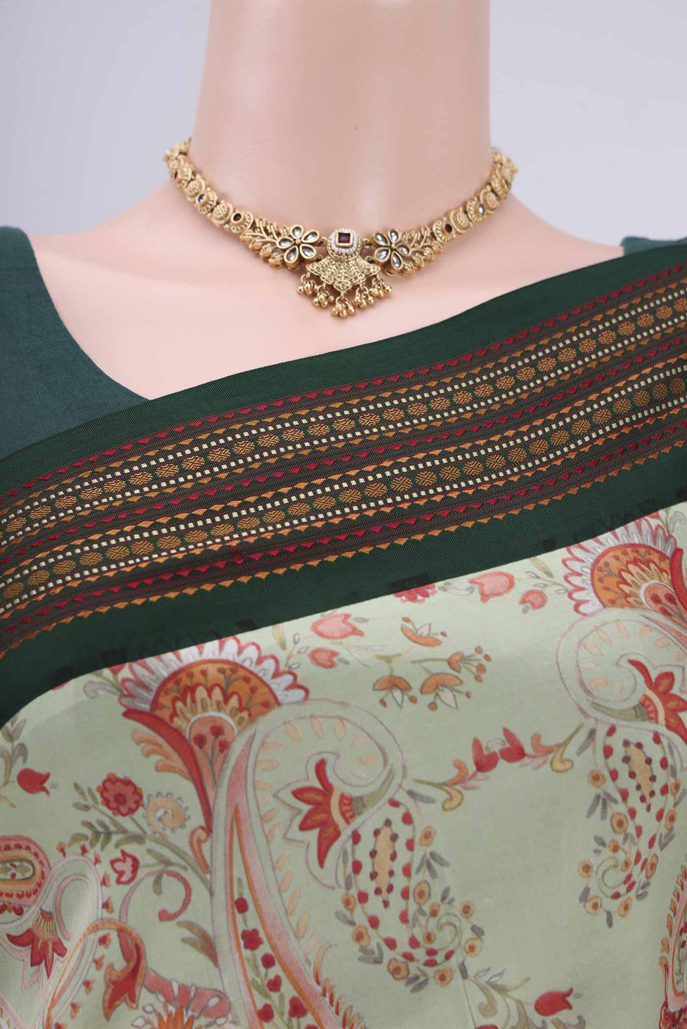 Border image of Sage Green Printed Silk Saree with Floral Print on the body and Thread Border. 