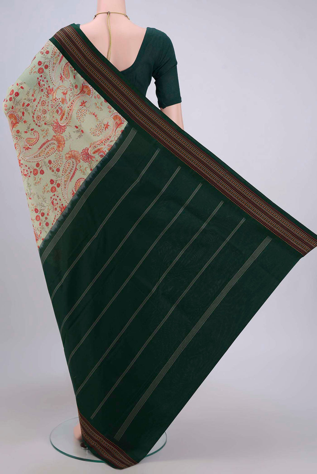 Flat view of Sage Green Printed Silk Saree with Floral Print on the body and Thread Border. 