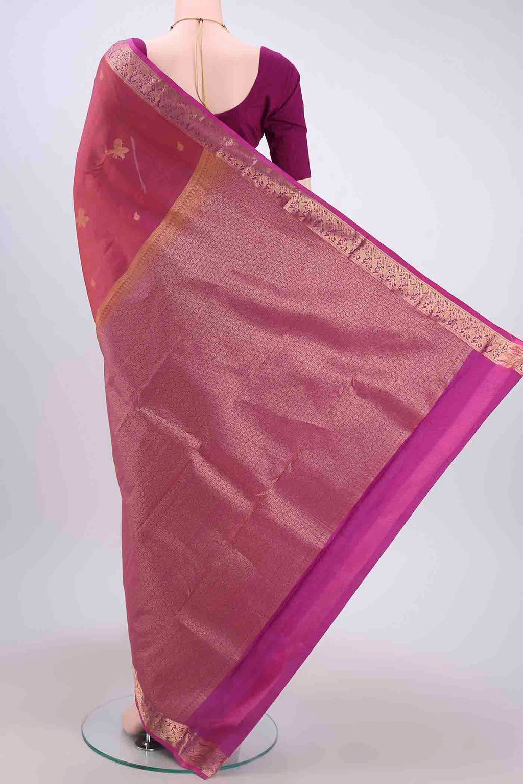 Flat view of Coral Dual Tone Nangavalli Silk [ Salem ] Saree with Zari Butta on the body and Zari Border