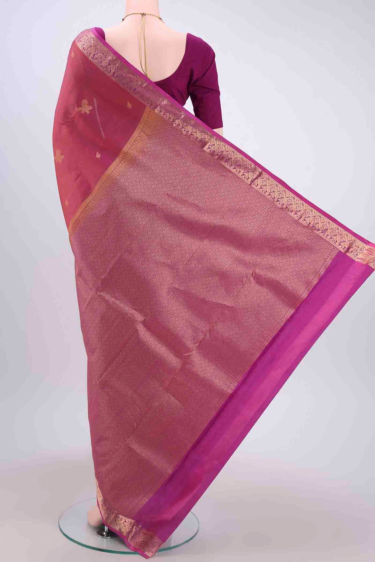 Flat view of Coral Dual Tone Nangavalli Silk [ Salem ] Saree with Zari Butta on the body and Zari Border