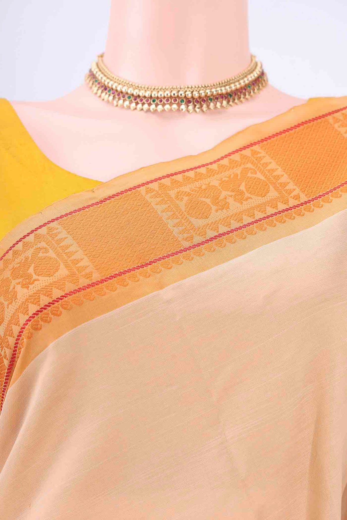 Border image of Beige Poly Cotton Saree with Plain Body and Thread Border