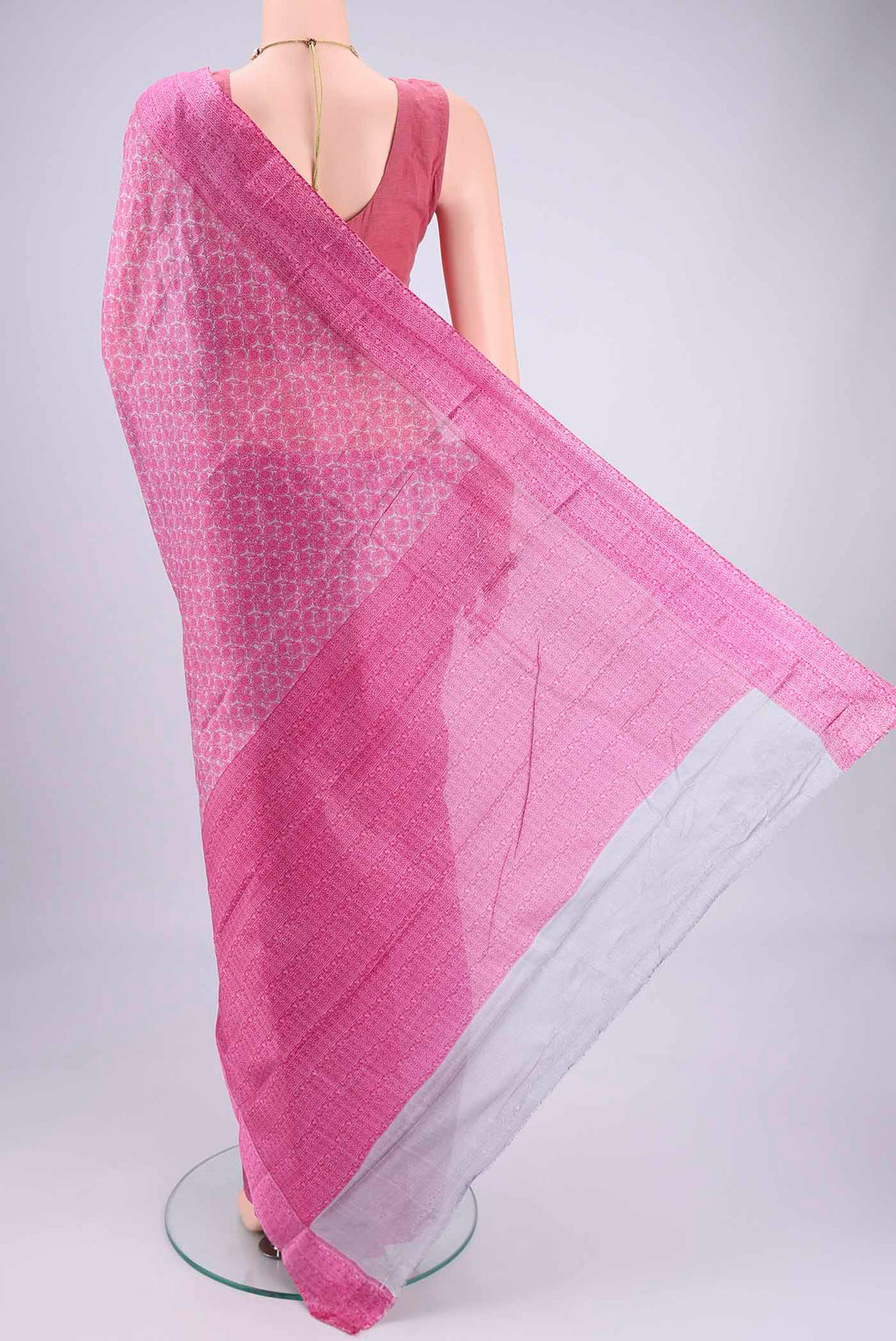 Flat view of Grey Printed Silk Saree with Floral Print on the body and Printed Border. 