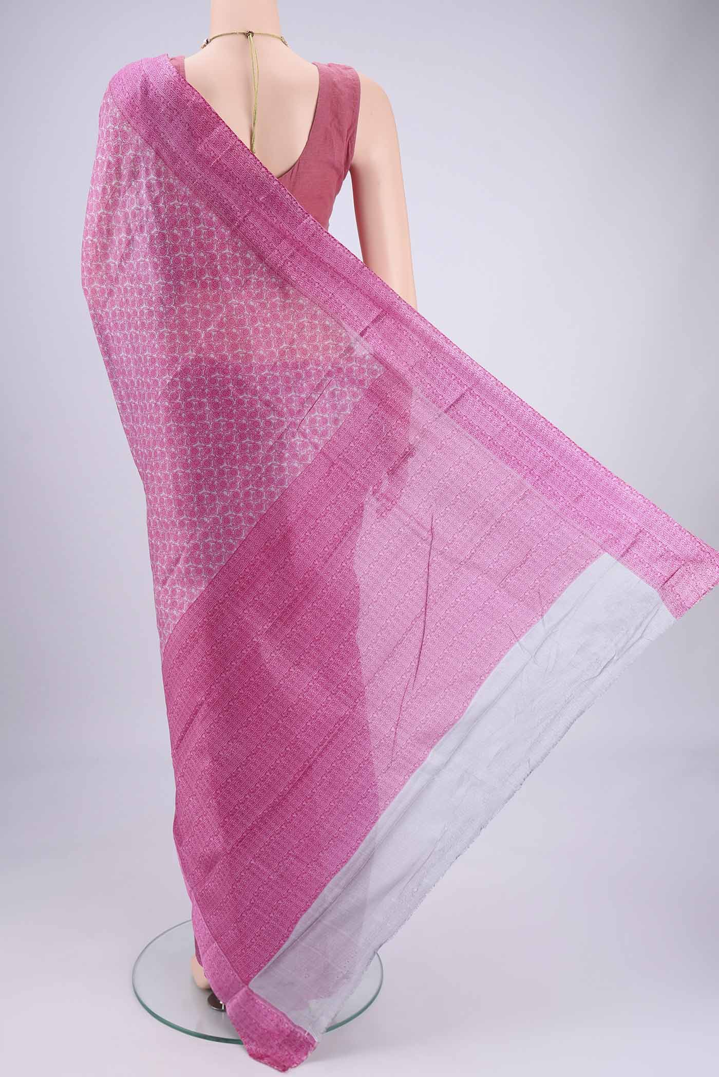 Flat view of Grey Printed Silk Saree with Floral Print on the body and Printed Border. 
