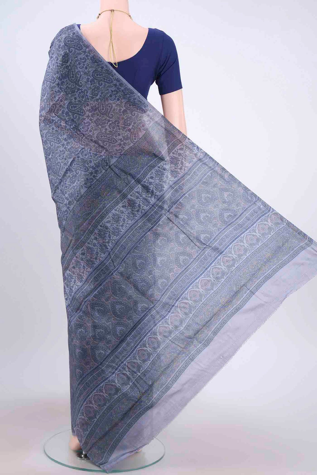 Flat view of Blue Grey Printed Silk Saree with Floral Print on the body and Plain Border