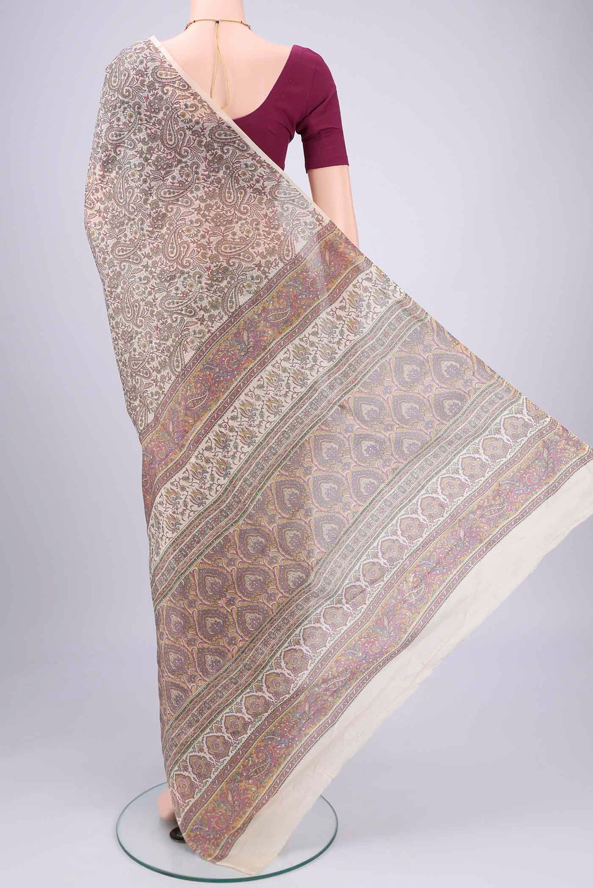 Flat view of Off White Printed Silk Saree with Floral Print on the body and Printed Border. 