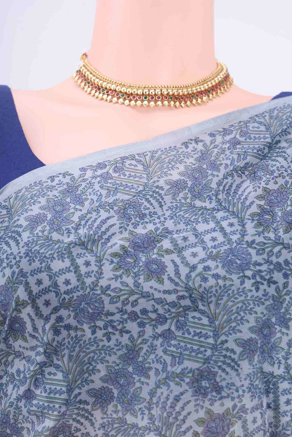 Border image of Blue Grey Printed Silk Saree with Floral Print on the body and Printed Border