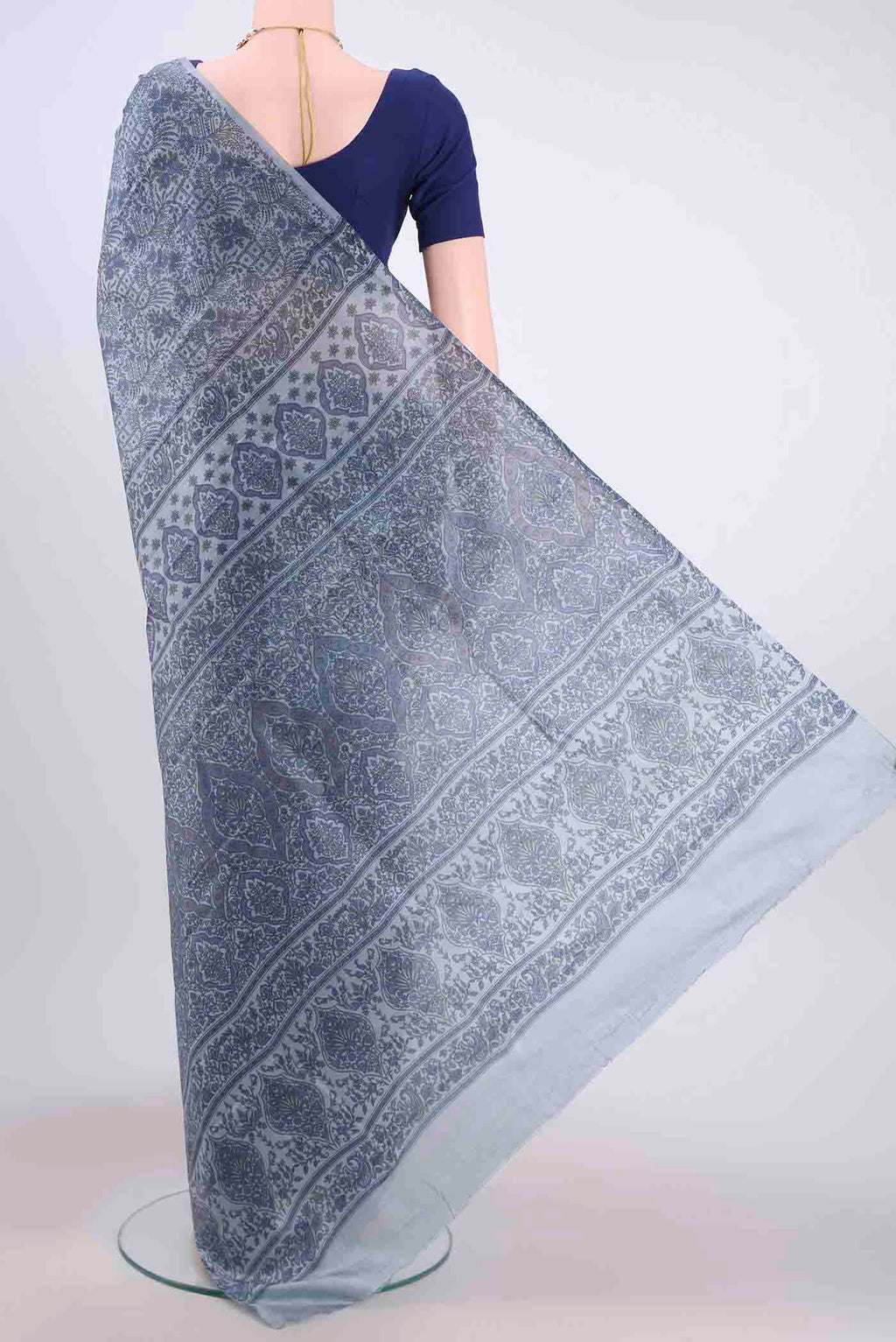 Flat view of Blue Grey Printed Silk Saree with Floral Print on the body and Printed Border