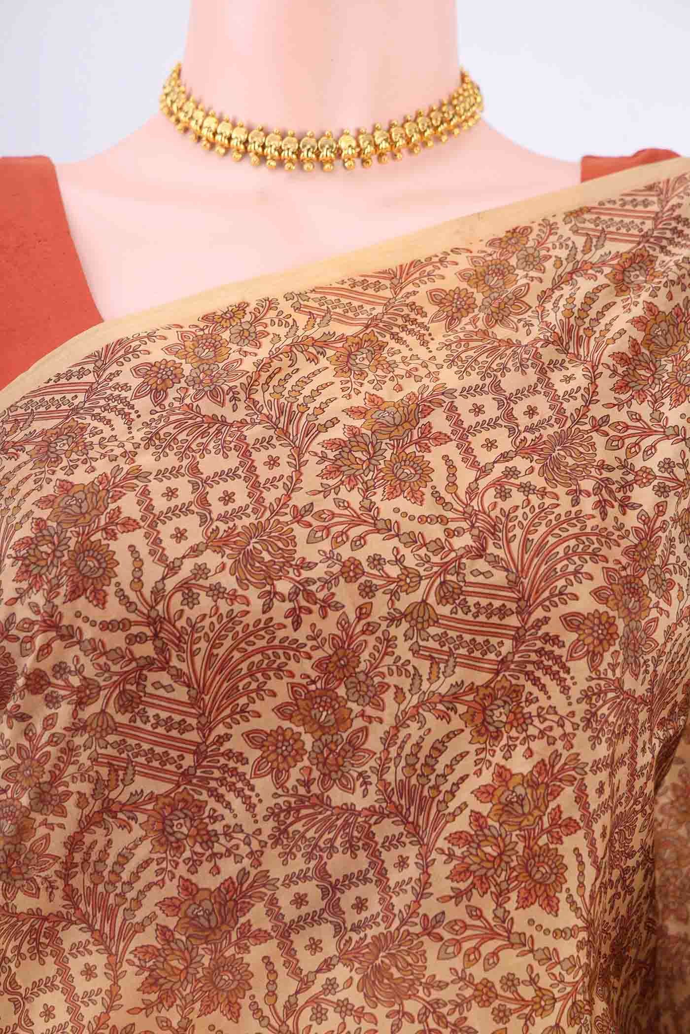 Border image of Beige Printed Silk Saree with Floral Print on the body and Plain Border