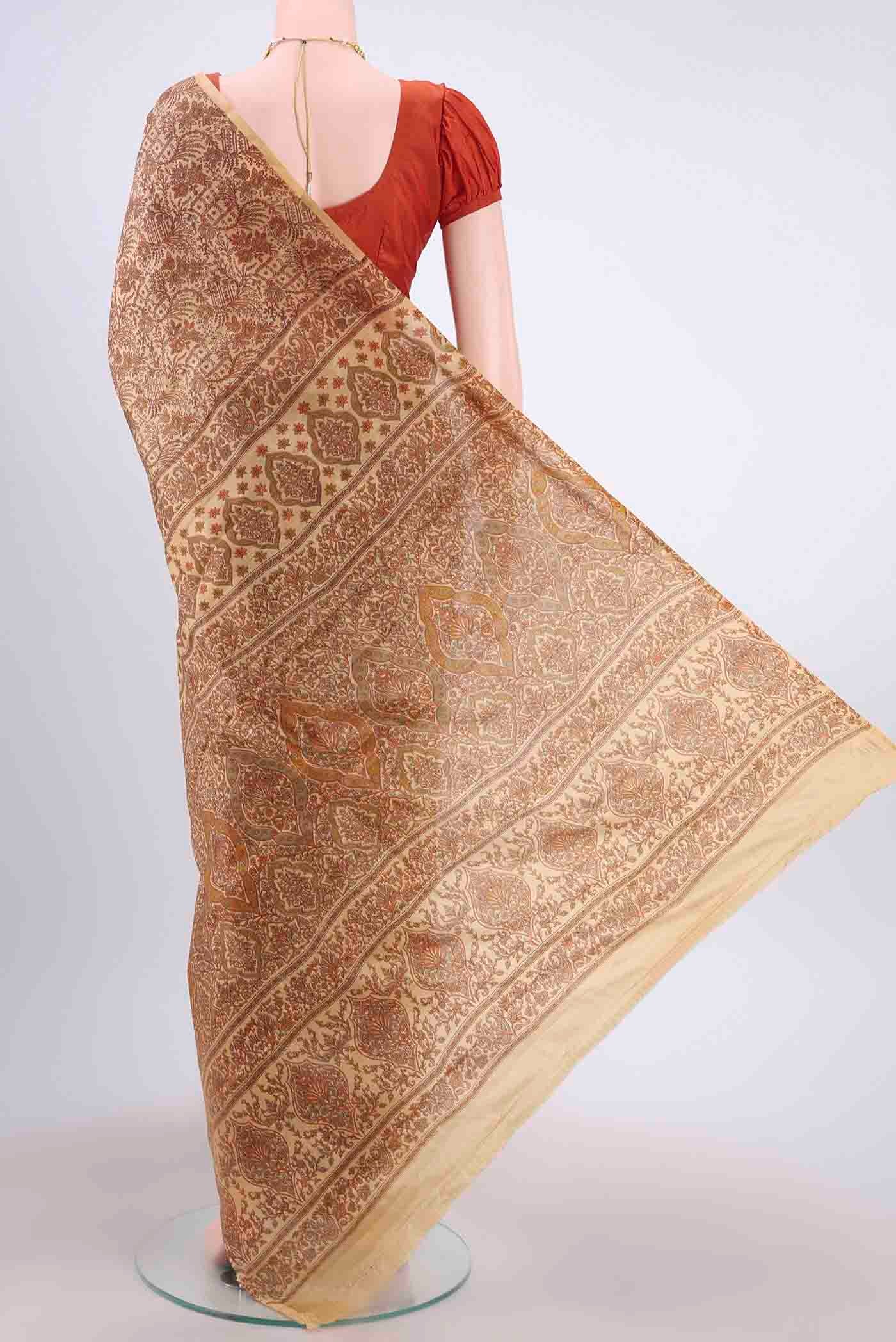 Flat view of Beige Printed Silk Saree with Floral Print on the body and Plain Border