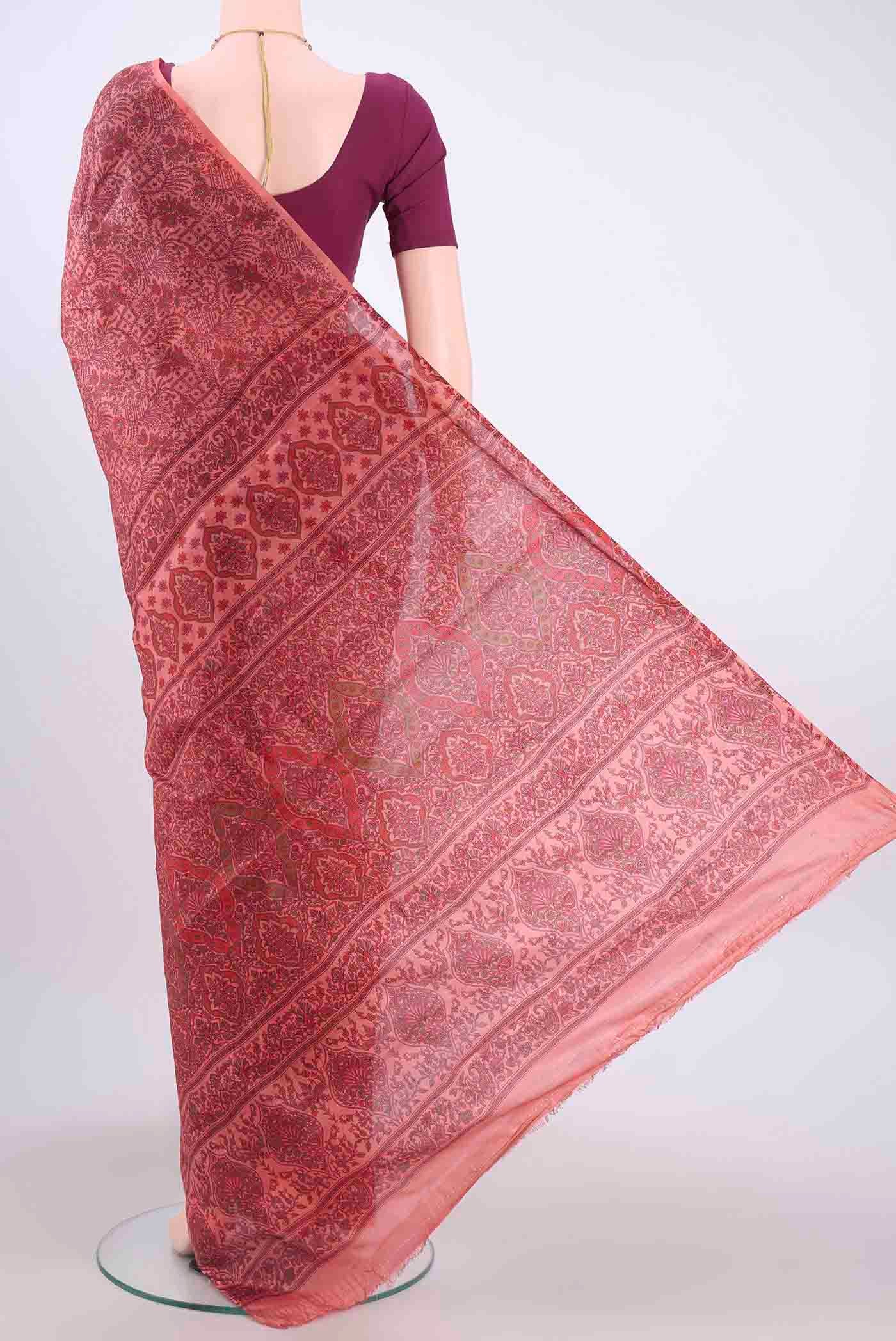 Flat view of Peach Printed Silk Saree with Floral Print on the body and Without Border