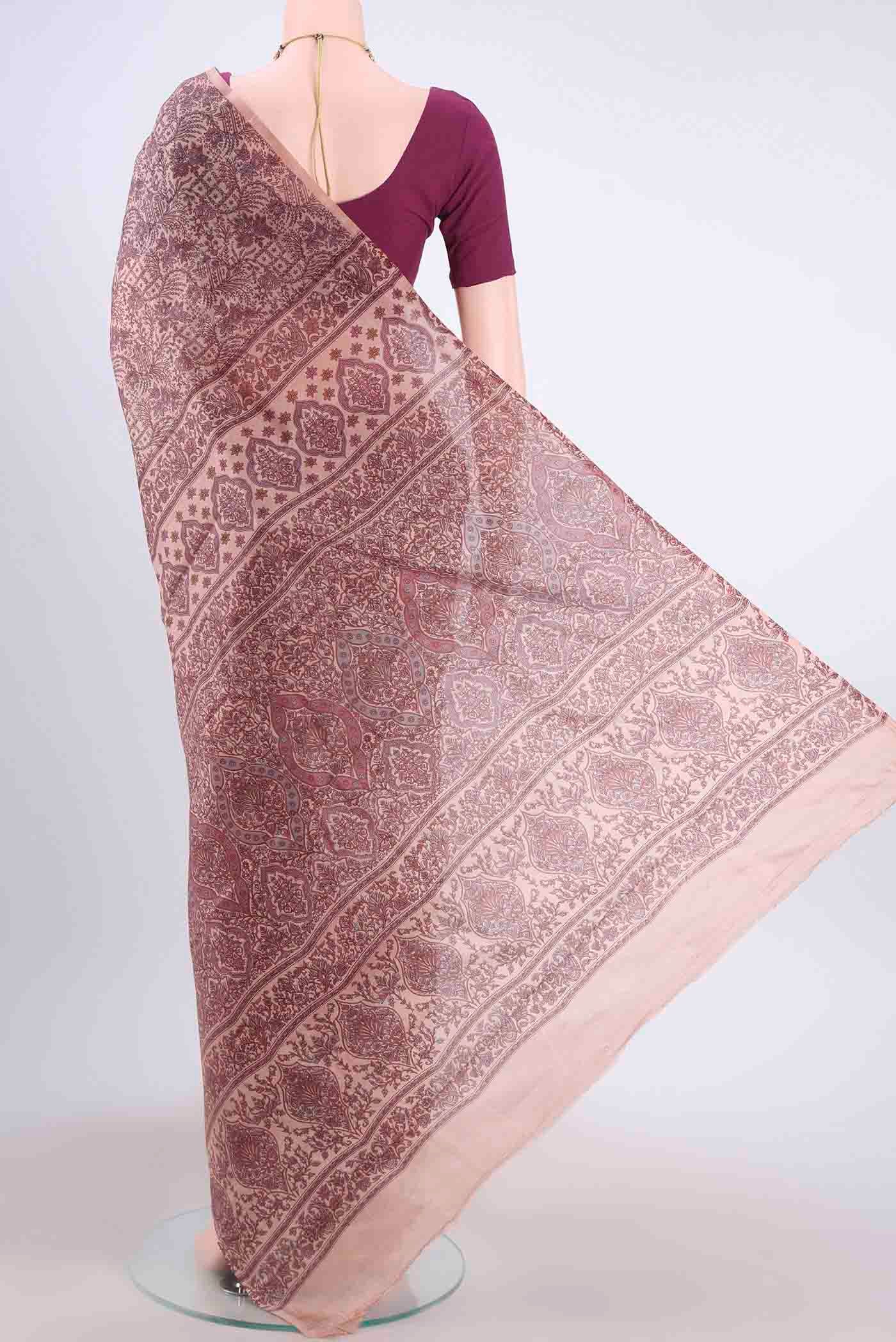Flat view of Peach Printed Silk Saree with Floral Print on the body and Plain Border