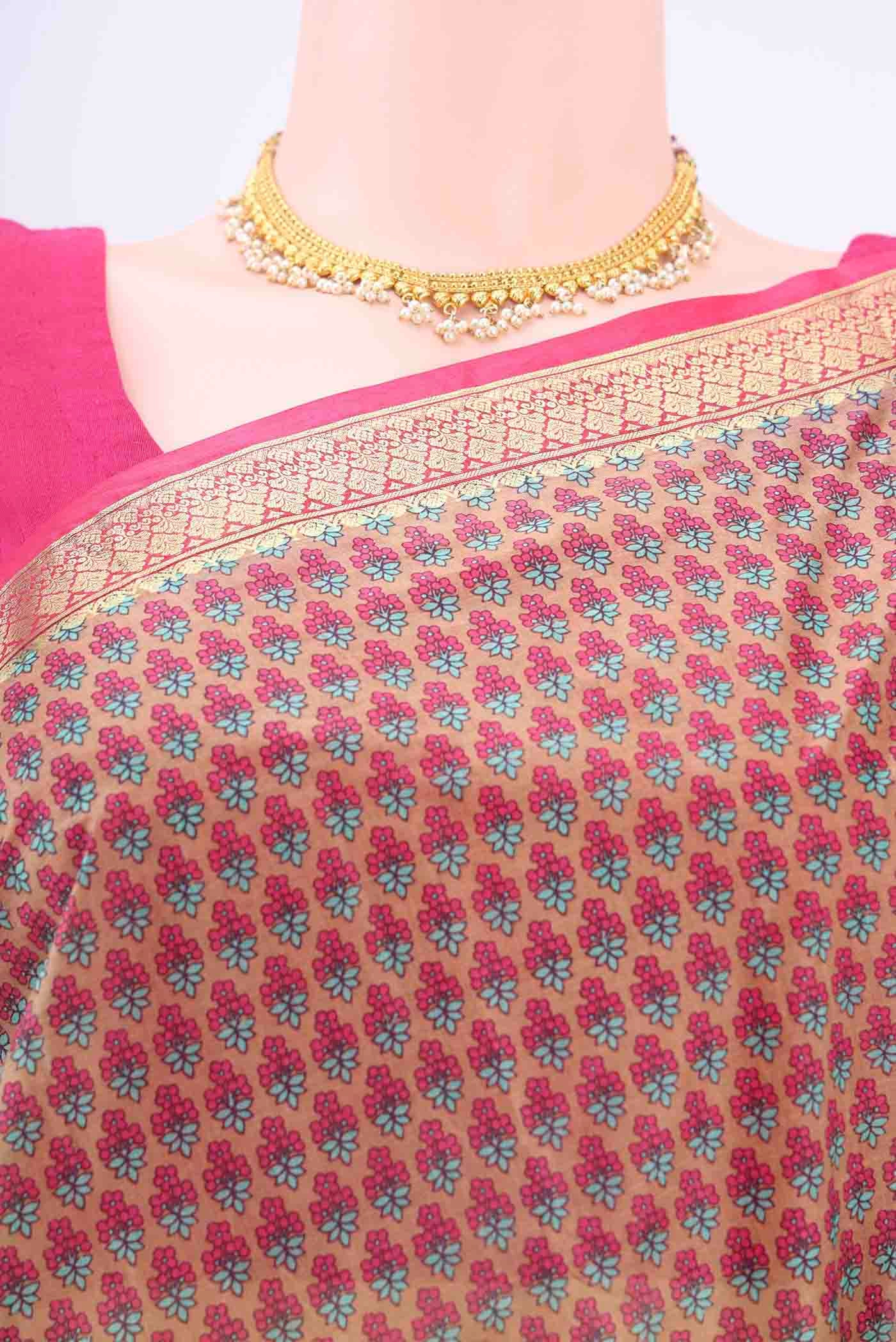 Border image of Pink Printed Silk Saree with Floral Print on the body and Zari Border