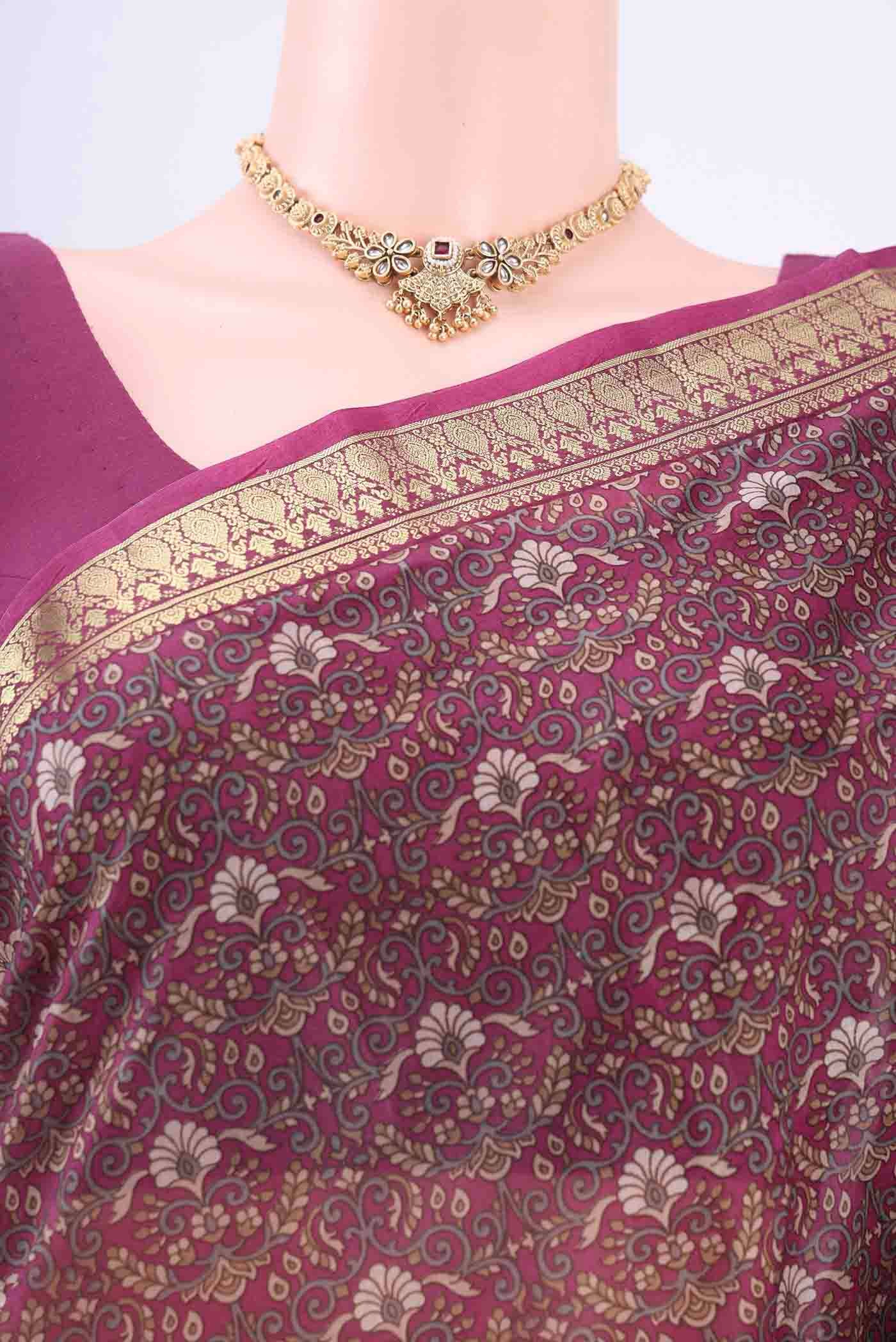 Border image of Magenta Printed Silk Saree with Floral Print on the body and Zari Border