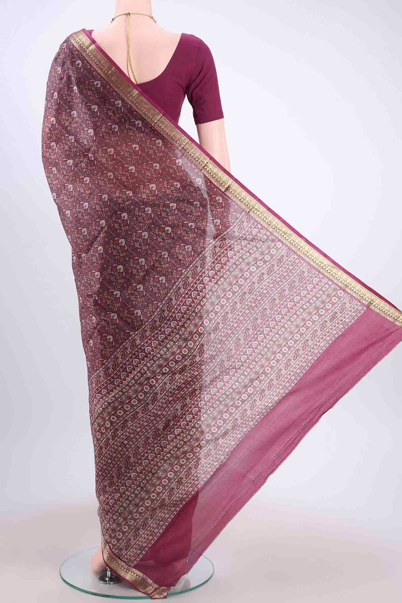 Flat view of Magenta Printed Silk Saree with Floral Print on the body and Zari Border