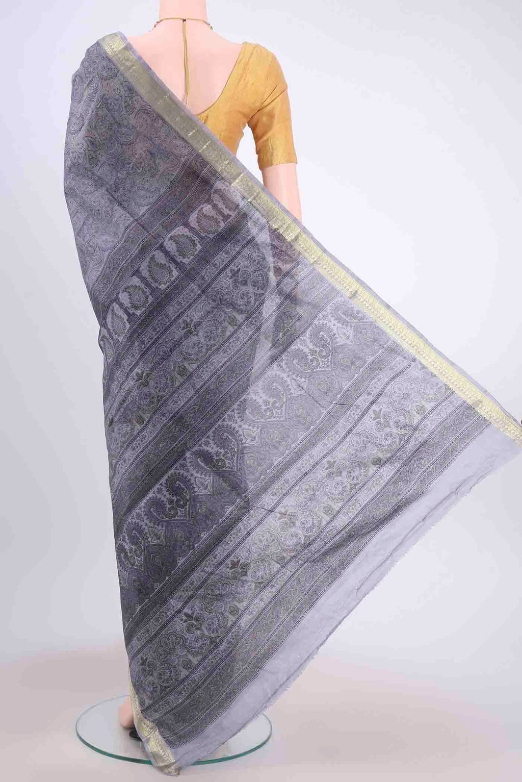 Flat view of Blue Grey Printed Silk Saree with Floral Print on the body and Zari Border
