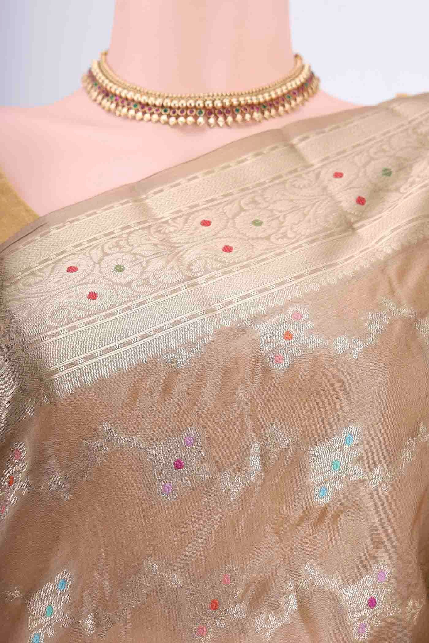 Border image of Beige Banarasi Tussar Silk Saree with Zari And Thread Butta on the body and Zari Border