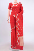 Red Banarasi Katan Silk Saree with Zari Butta on the body and Meenakari Border displayed on a mannequin